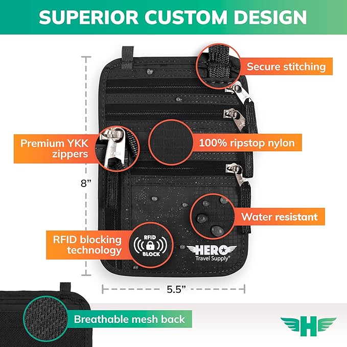 HERO Neck Wallet - RFID Blocking Passport Holder, Easy to Conceal and Pouch (Black)