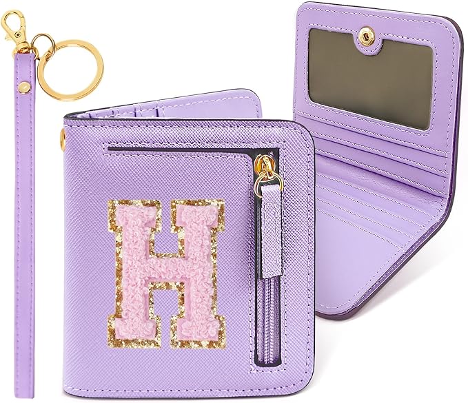 COSHAYSOO Top Popular Preppy Stuff Girly Wallet Slim RFID Bifold Cute Things Girls Christmas Graduation Easter Gifts for Big Little Sister Chenille Letter H Purple