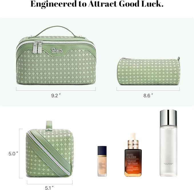 BOYATU Travel Makeup Bag for Women: Four Leaf Clover Large Capacity 3 Pcs Set Cosmetic Bags - Waterproof 50% Extra Space for Toiletry Organizer - Travel Essentials for Fortunate (01 Light Green)