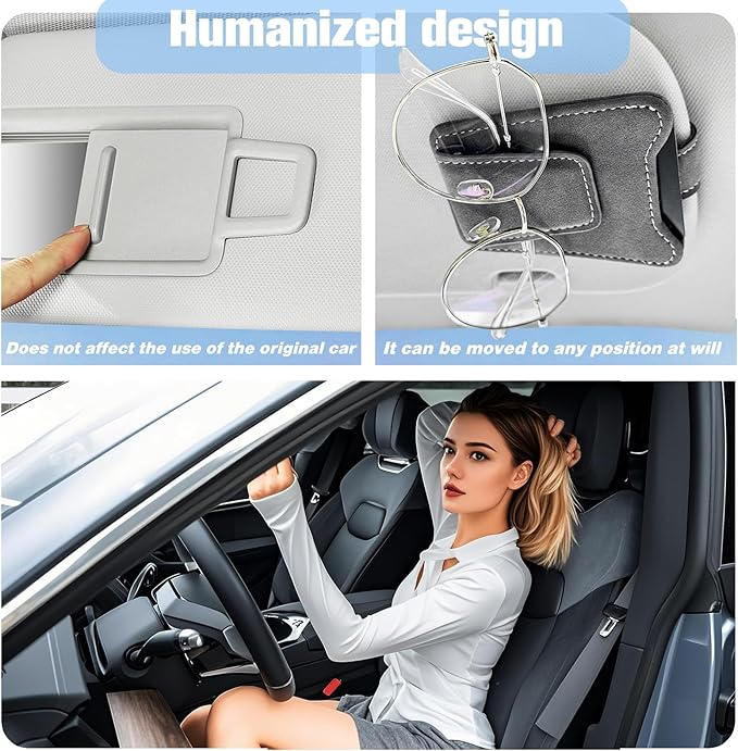 Car Sunglasses Holder - Visor Clip Style & Magnetic Plush Leather Construction Doubles as Credit Card & Fuel Card Box with Storage Pocket &Holds Sunglasses