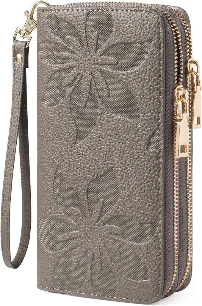 GOIACII Women's Wallet Large Capacity Double Zip Ladies Card Phone Holder RFID Blocking Wristlet Leather