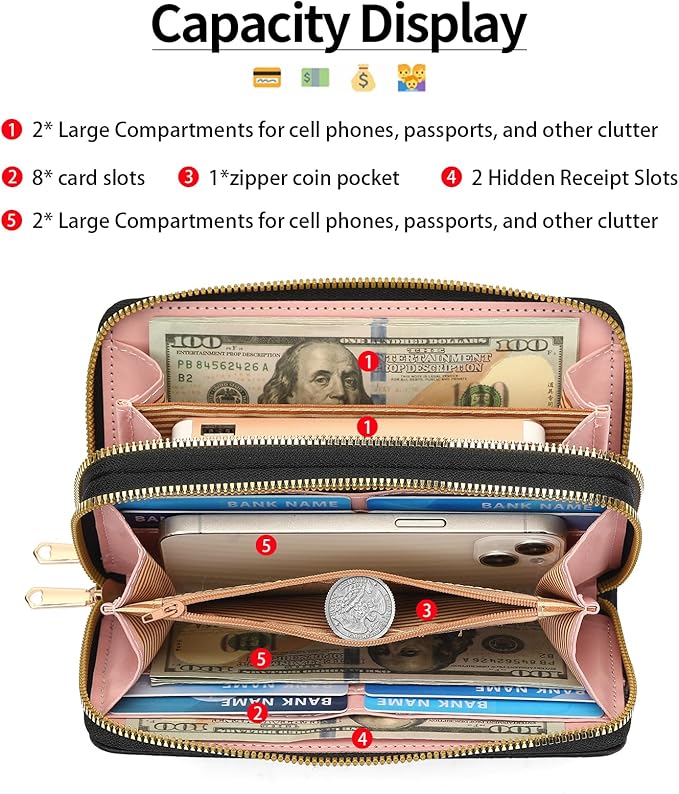 RNIEGA Wallet for Women Clutch Double Zip Around Credit Card Holder Leather Women's Wallet Large Capacity