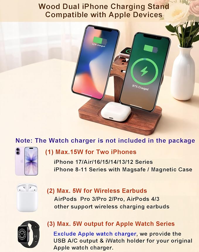 Magnetic Dual Wireless Charger for Apple Multiple Devices,Two Phone Charging Station for iPhone 17/16/15/14/13,AirPods & Apple Watch,Wood Charger Stand Desk Organizer,Gift for Men Dad Boyfriend