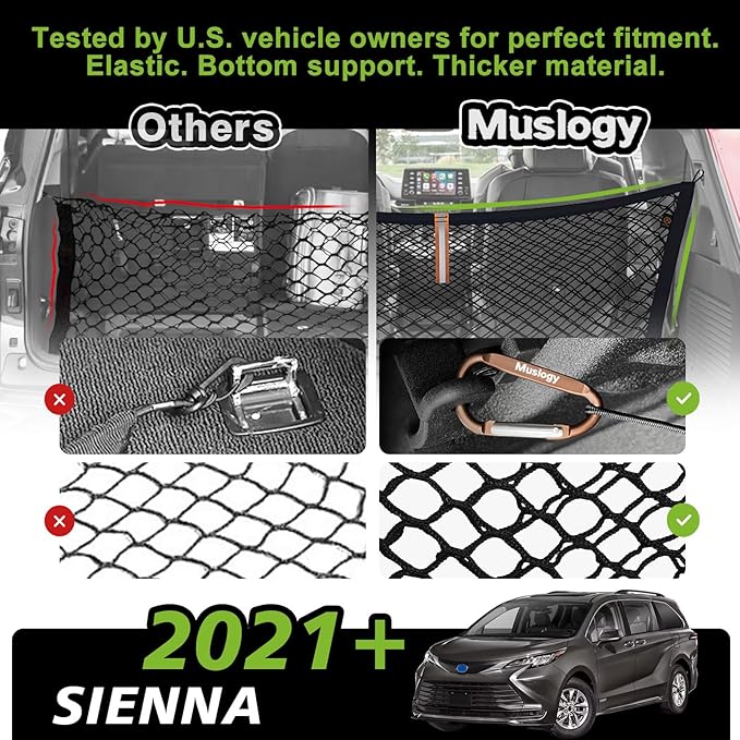 Muslogy Truck Bed Cargo Net Trunk Netting Compatible with 2021-2025 2026 Toyota Sienna Accessories, Pickup Cargo Organizer SUV Sedan Storage Net w/Heavy Duty Carabiners