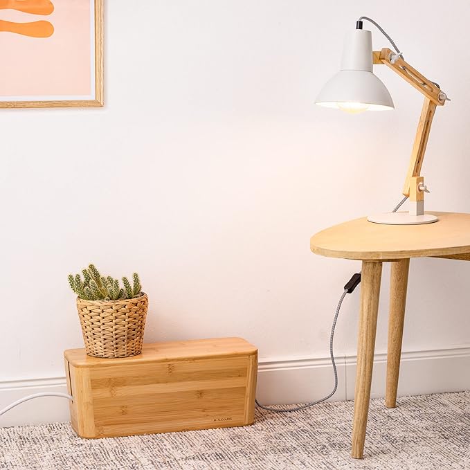 Navaris Cable Tidy Box - Bamboo Cable Storage Box Organizer for Wires, Cables, Extension Sockets, Chargers and Power Plug Cords - 15.5" x 6.3" x 6.3"