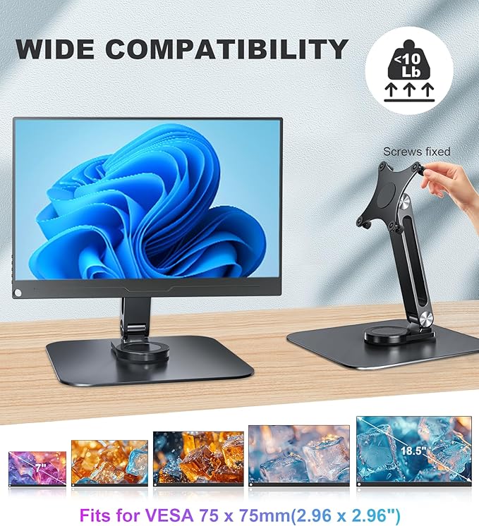 Portable Monitor Stand VESA 75x75mm Holes M4 Anti-Loss Screws, Aluminum Alloy Base, Fits 7"- 18", 15.6" 16" 17" 17.3" 18" Inch Small Monitors Lay Flat, Black Desk Mount (Not Fits100x100mm)