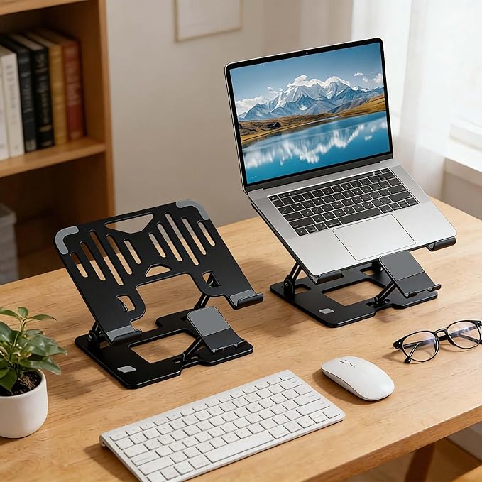 Ergonomic Adjustable 2-in-1 Laptop Stand with Phone Holder, Laptop Riser for Desk, Computer Stand for Laptop, Sturdy and Portable Stand, Compatible with Most Laptops and Phones (Black)