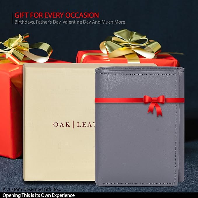 Real Leather Mens Trifold Wallet RFID Blocking Slim Minimalist Front Pocket - Thin & Stylish with ID Window in Gift Box