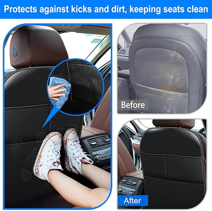 Back Seat Protector Car Kick Mats for Chevrolet Chevy Silverado with 2 Pocket Storage Organizer - Faux Leather Back Seat Covers for Kids Feet Waterproof Dirt Automotive Accessories (1 Pair,Black)