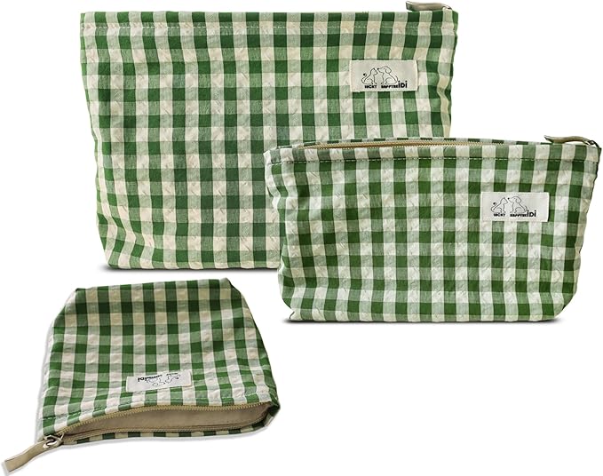 HAPPYHEIDI Nylon Checker Makeup Bag Set 3 with Compartment Cosmetic Toiletry Travel Pouch,Purse Accessory Organizer, 3-Size, Beige Green Plaid, Canvas Lined