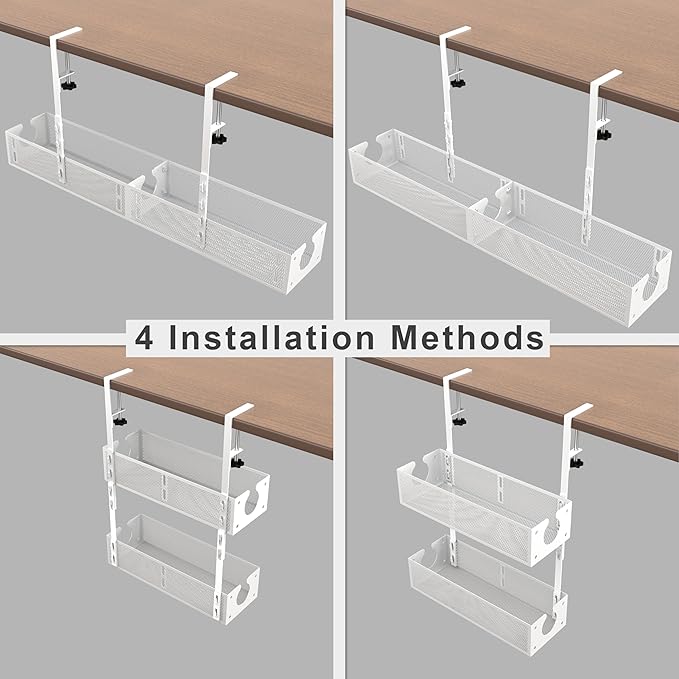Under Desk Cable Management Tray - Fits up to 1.77" Thick Desks, No-Drill Clamp-on Wire Organizer, Reversible Inward/Outward Install, Heavy Duty Metal Power Strip Holder for Home Office & Gaming Desk