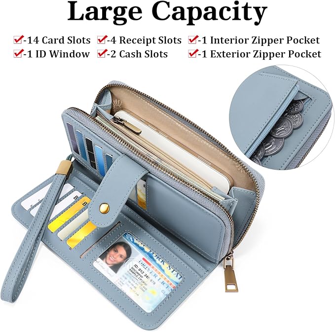 GAEKEAO Wallet for Women Clutch RFID Blocking Wristlet Leather Purse Large Capacity Credit Card Holder with Grip Hand Strap