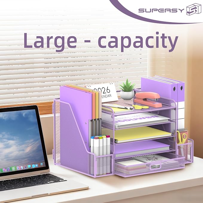 SUPEASY Mesh Desk Organizer with File Holder, 5-Tier Paper Letter Tray Organizer with Magazine Holder, Desktop Organizer and Storage with Drawer for Office Supplies Home or School (Purple)