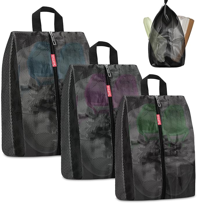 SelfTek Travel Shoe Bags, 3 Pack 3 Size Waterproof Shoe Bags for Travel with Double-Sided Zippers, Portable Shoe Storage Organizer for packing for Men, Women & Kids - Ideal Family Travel Accessories