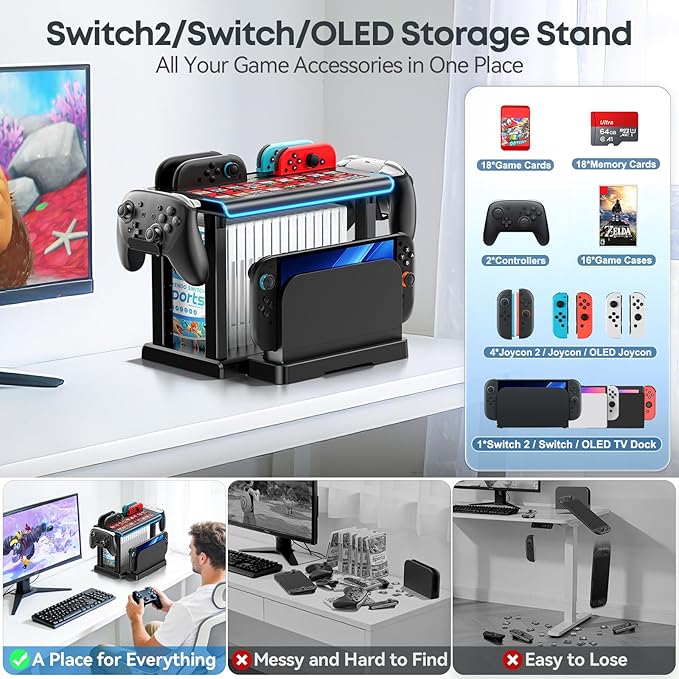 Switch 2/1/OLED RGB Organizer Station with Controller Charging Dock, Switch Storage Stand, Joycon 1/2 Charger, Gaming Accessories Holds TV Dock, 16 Game Cases, 18 Game Cards, and 2 Pro Controllers
