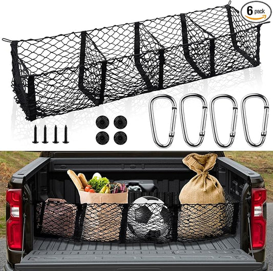 Grocery Net for Truck Bed – Heavy Duty 4-Pocket Cargo Net for Pickup Truck, Elastic Stretchable Truck Bed Storage Net Prevents Groceries from Sliding, Universal Fit for SUV F-150 Tacoma Silverado RAM