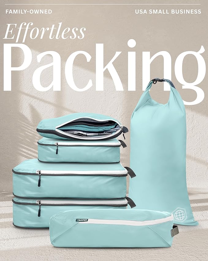 Compression Packing Cubes for Travel, 6-Piece Lightweight Packing Cubes Set for Carry-On Luggage & Backpacks – TRIPPED Travel Gear (Dusty Teal/White)