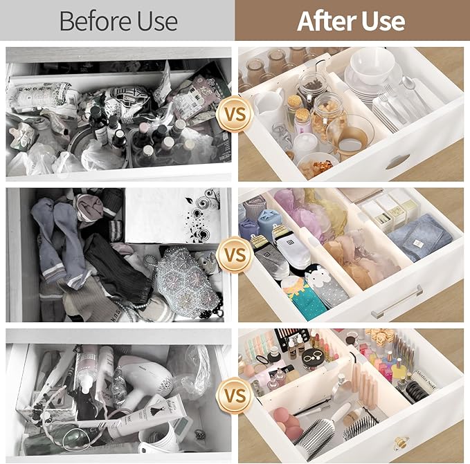 Drawer Dividers Organizer 9 Pack, Adjustable Separators 4" High Expandable from 11-17" for Bedroom, Bathroom, Closet, Clothing, Office, Kitchen (Beige, 9 PACK)