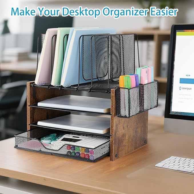 OPNICE Desk Organizer, 4-Tier Desktop File Organizer with Drawer and 2 Pen Holders, Office Desk Accessories, Workspace Organizers for Office Supplies(Brown Wood)