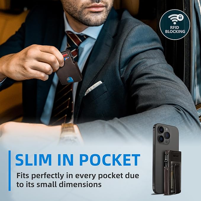 miyozi Men Wallet,with Money Clip Coins Pocket ID Window,Slim Front Pocket RFID Blocking Pop-up Card Holder 3.9"x 2.7", Gift Boxed