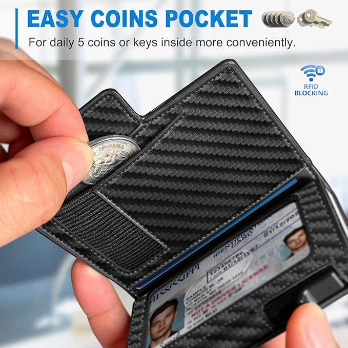 miyozi Men Wallet,with Money Clip Coins Pocket ID Window,Slim Front Pocket RFID Blocking Pop-up Card Holder 3.9"x 2.7", Gift Boxed