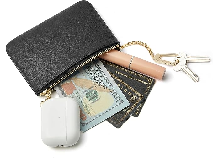DAILANDO Mini Leather Coin Purse, Unisex Slim Zipper Card Holder and Coin Pouch with Keychain