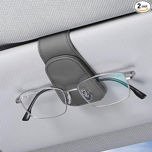 2PCS Sunglasses Holders for Car Sun Visor, Leather Eyeglasses Hanger Mounter, Magnetic Glasses Holder and Ticket Card Clip, Universal Auto Interior Accessories (Gray, 1PCS)