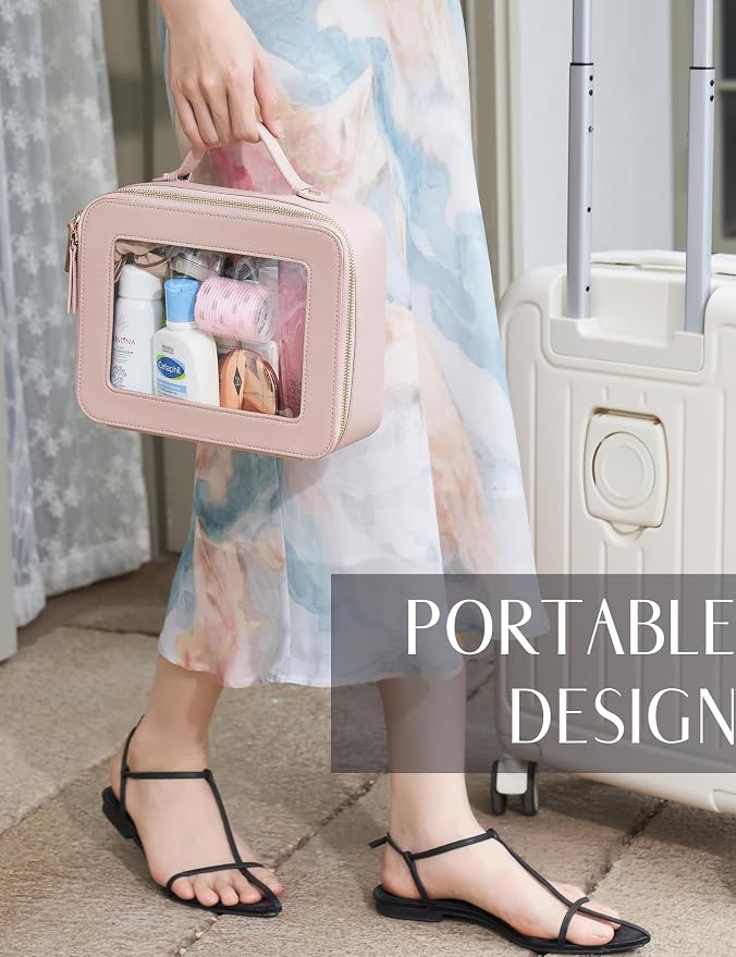Popvibe Clear Makeup Case Set Pink Toiletry Bag Travel Large Clear Cosmetic Bag with Zipper, Big Make Up Bag Organizer Women Traveling TSA Approved Transparent Bag Car for Essentials