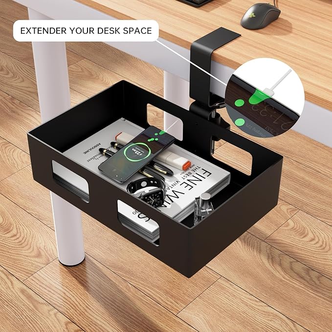 2 Pack Clamp-on Swivel Organizer, Under Desk Hidden Storage Drawer with Cable Hole, Hanging Metal Basket for Extender Space