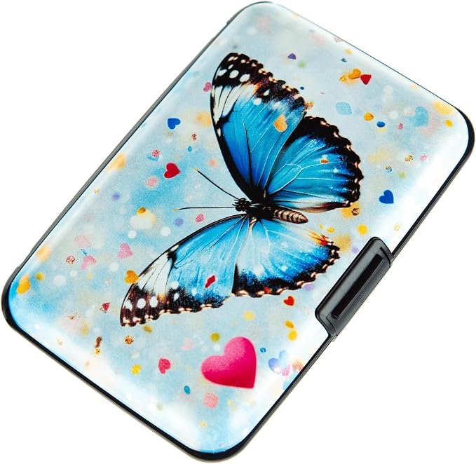 Credit Card Holder for Women Men RFID Blocking Wallet Small Business Metal Slim Mini Aluminum Hard Case (Colorful Hearts Butterfly)