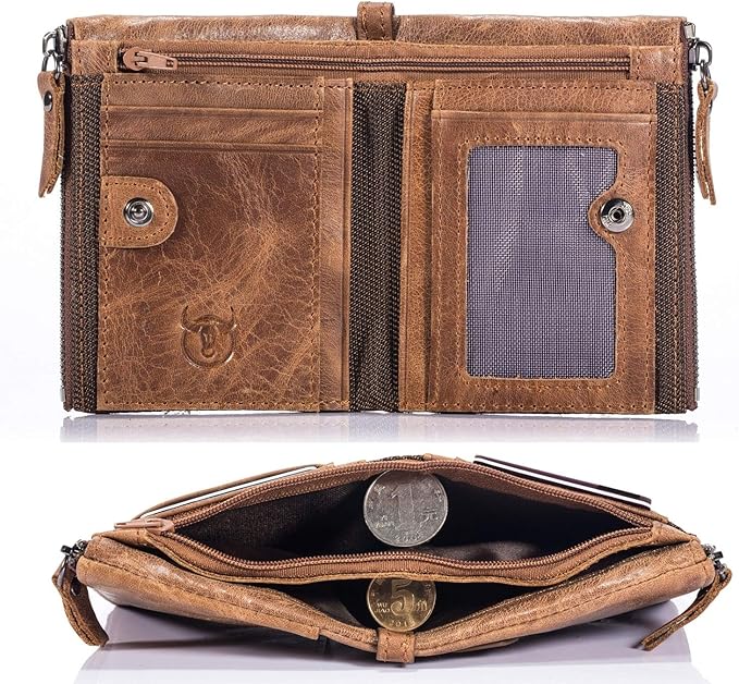 BULLCAPTAIN Genuine Leather Wallet for Men Vintage Bifold with Double Zipper Pockets (Brown)