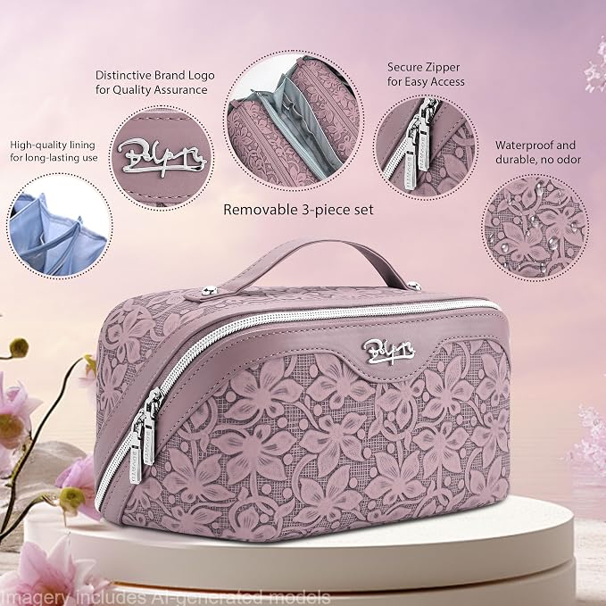 BOYATU Travel Makeup Bag Cosmetic Bags for Women: Large Capacity 3 Pcs Set Make up Bag with Compartments - Waterproof Vegan Leather Toiletry Organizer Bags with Handle (Z-64Purple)