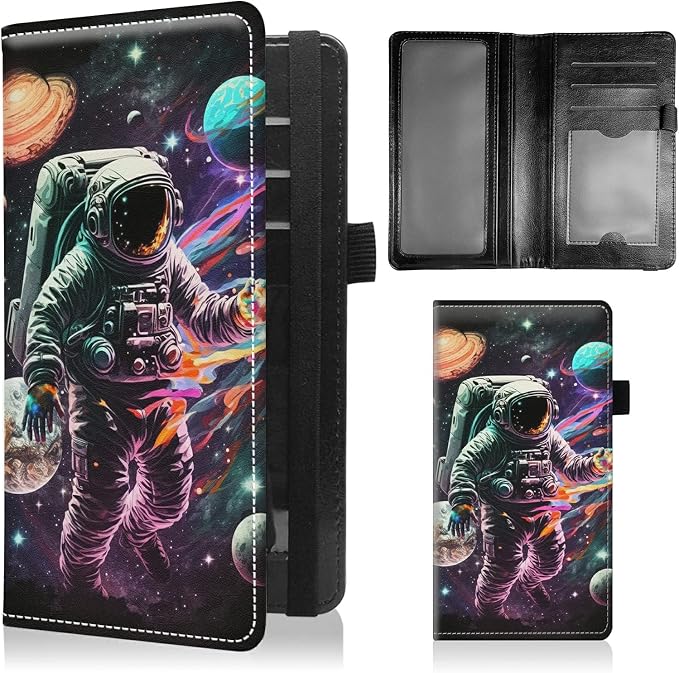 Checkbook Covers for Personal Checkbook Duplicate Checks RFID Blocking Checkbook Cover for Women Men with Elastic Strap Card Slots Pen Holder - Astronauts