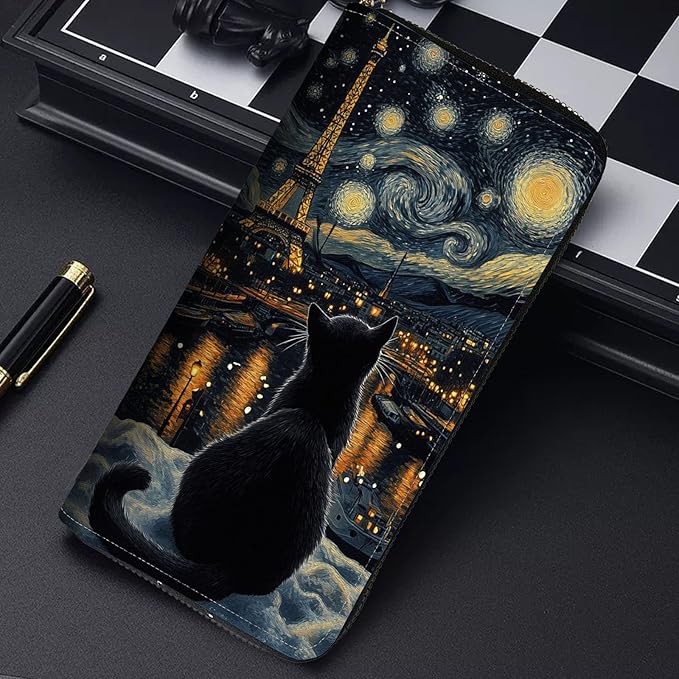 RFID Blocking Leather Wallet for Women – Large Capacity Zip Around Clutch with 8 Card Slots,20 Cash Pockets & Coin Zipper,Eiffel Tower with Cat Scene