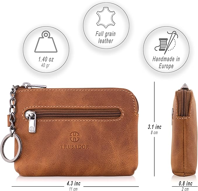 Trusador Milano Unisex Leather Front Pocket Wallet Coin Purse Zipper Pouch with Keychain (Cognac)