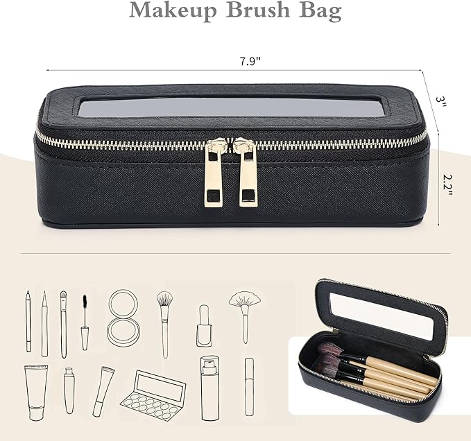 Pinkmik Makeup Brush Case Clear Travel Cosmetic & Toiletry Bag Small Makeup Bag with Zipper Purse Organizer Car Essential Bag for Women (Black, SLIM)