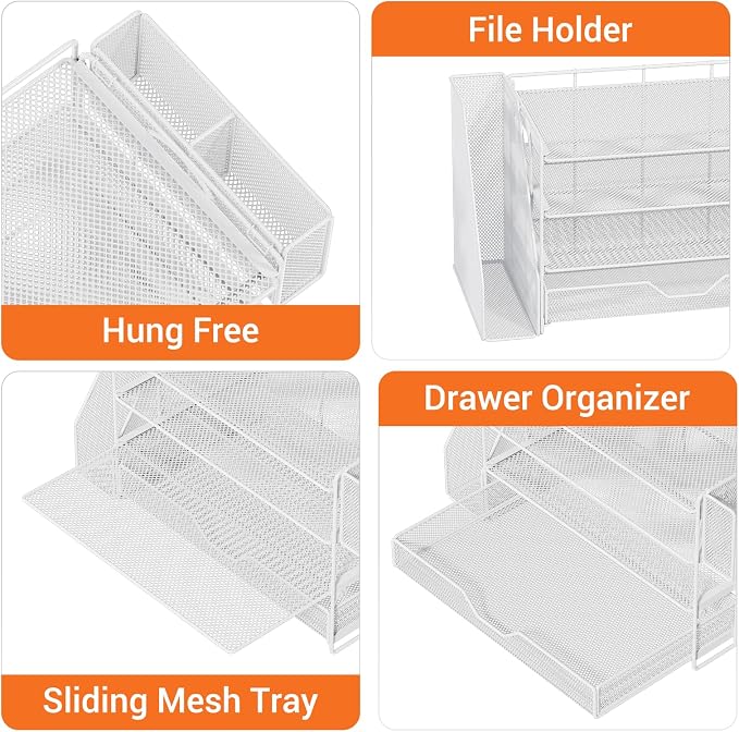 OPNICE 4-Tier Desk Organizer and Accessories, Desktop File Organizer with Drawer, Pen Holder and File Holder, Paper Letter Tray Organizer, Office Desk Accessories for Home Office Supplies, White