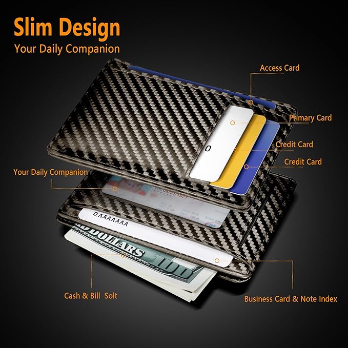 Travelambo Front Pocket Minimalist Leather Slim Wallet RFID Blocking Carbon Fiber Texture