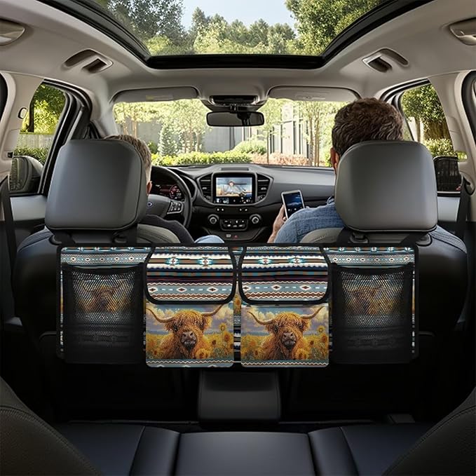 Aztec Tribe Car Trunk Organizer,Highland Cow Print Backseat Hanging Large Storage with Adjustable Straps,Waterproof Collapsible Cargo Bag,Keep Your Trunk Clean and Tidy
