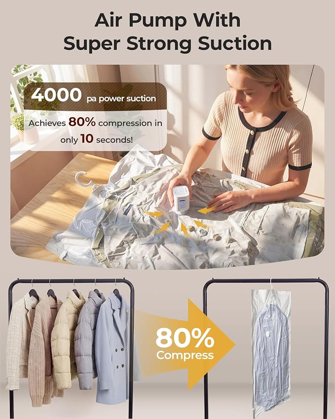 BAGSMART 6 Pack Hanging Vacuum Storage Bags for Clothes, Space Saver Bags for Closet Organization, Air-tight Vacuum Sealer Bags for Heavy Coats, Suits, Dresses, Jackets, Hand Pump Included