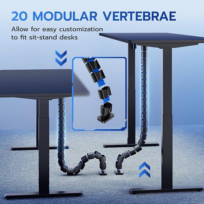 ARES WING Under Desk Cable Management Spine, Screw On Vertebrae Cable Management for Standing Desk, Length Adjustable Cord Organizer with 20 Modular Vertebrae for Office and Gaming Desks, Blue