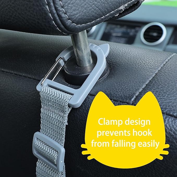 Amooca Car Headrest Hooks 4 Pack Adjustable Universal Fit Auto Seat Back Organizer Storage Hanger Purse Bags Holder with Clip Gray
