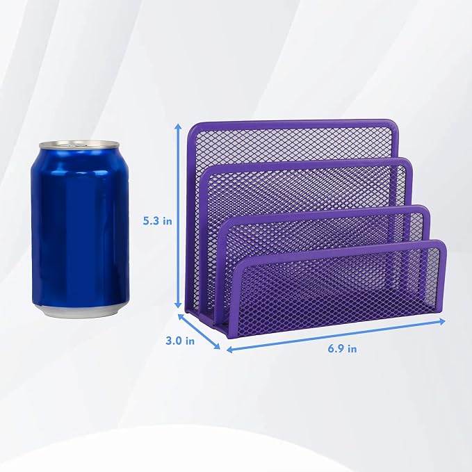 EASEPRES Desk Mail Organizer, Office Small Desktop Metal Mesh Envelope Letter Sorter Paper File Holder Organizer with 3 Vertical Upright Compartments, Purple 1 Pack