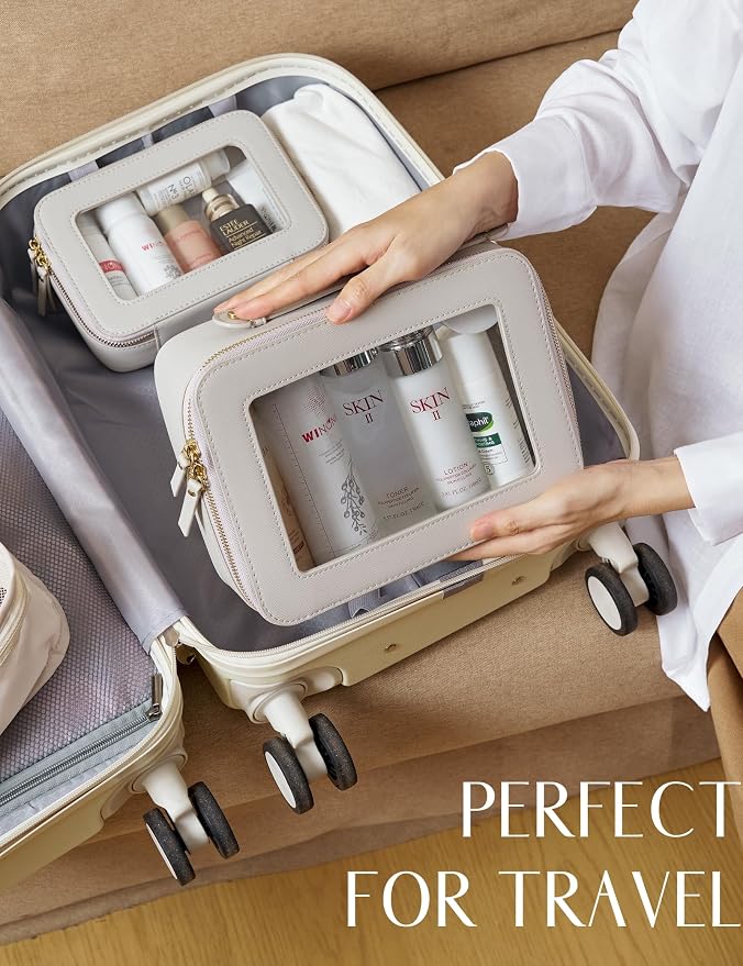 Popvibe Clear Makeup Case Set Toiletry Bag Travel Large Clear Cosmetic Bag with Zipper, Big Make Up Bag Organizer Women Traveling TSA Approved Transparent Bag Car for Essentials, Beige Grey