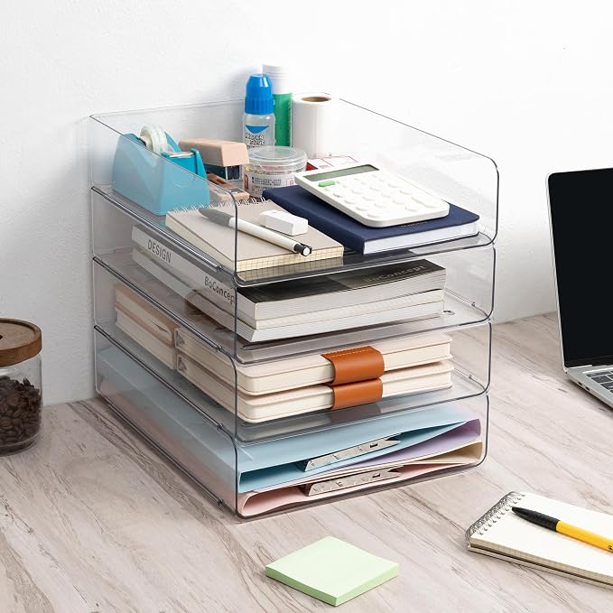 Tiawudi Desk Organizer, Clear Office Organization and Storage, Plastic Letter Tray, Stackable File Organizer for Classroom, Home, Documents, Notes, Folders, Books and Pens, 4 Tier