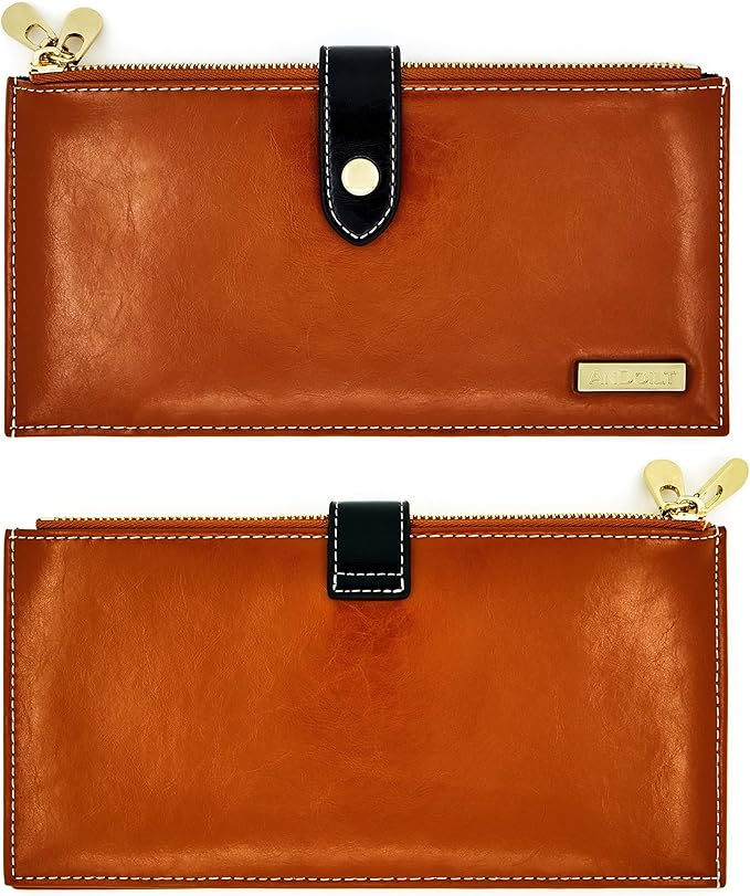 ANDOILT Women's Genuine Leather Wallet RFID Blocking Credit Card Holder Zipper Purse Cell Phone Handbag