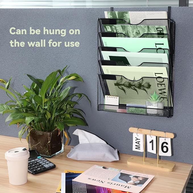 6-Tier Mesh Wall File Holder Organizer with Bottom Flat Tray, Vertical Hanging File Organizer, Office Hanging File Folder Magazine Rack, Nametag Label Hooks Set Included, Black