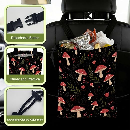 Car Gabage Bag Red Mushroom and Leaves Waterproof Car Trash Bag Hanging Leakproof Car Garbage Bag Washable Reusable Trash Bag For Car Interior Hanging Organizer Storage Vehicle Travelling Camping