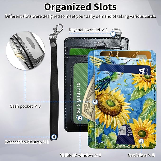 Slim Minimalist Front Pocket Wallet,Credit Card Holder Wallet for Women Men,RFID Blocking Credit Card Holder Case Leather Cute Small Thin Wallet ID Window&Wrist Strap,Watercolor Sunflower Bird