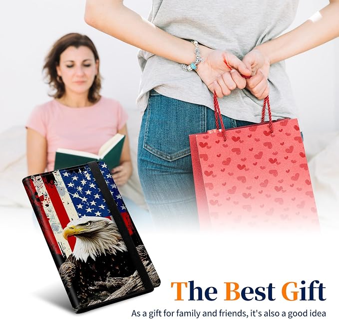Premium PU Leather Checkbook Cover for Men & Women,RFID Blocking Slim Check Book Holder with Duplicate Check Divider & Pen Holder,Fits Standard Personal Checks,American Flag Eagle